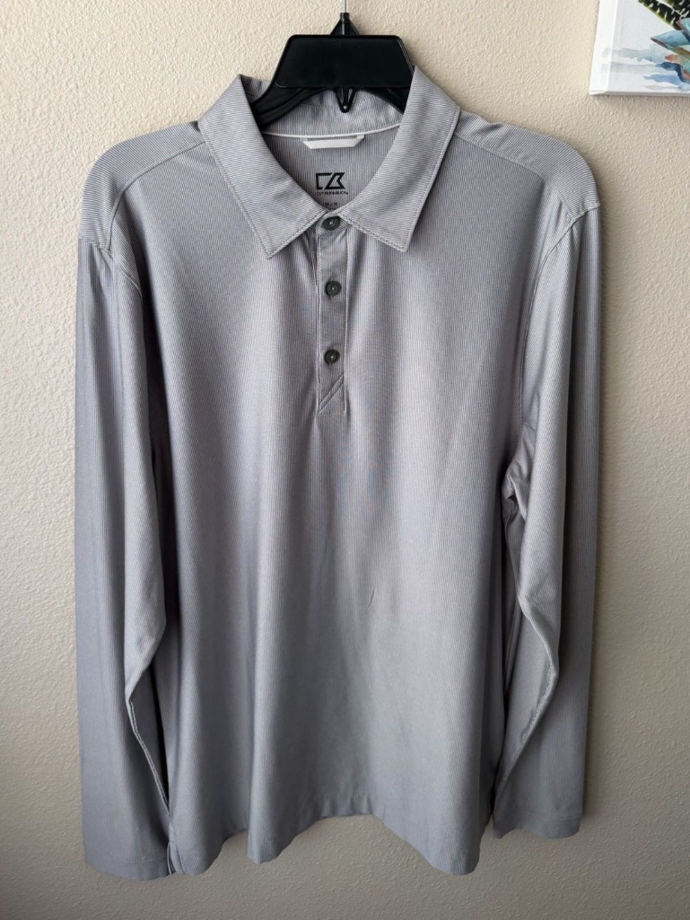Cutter and Buck Polo Medium Dry Tech Shirt Gray Long Sleeves Button Activewear